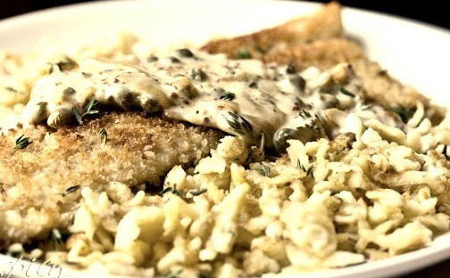 Trout Schnitzel with Spaetzle and Mustard Caper Cream Sauce