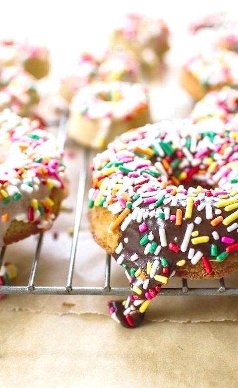 classic buttermilk baked doughnuts with chocolate and vanilla glaze.