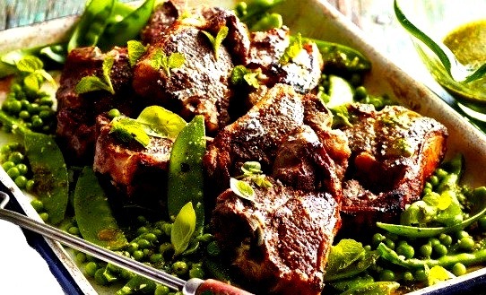 Pan-seared lamb chops with peas and mint-basil pistou