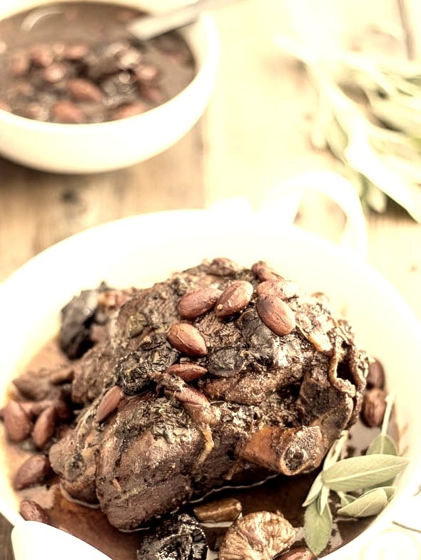 Braised Leg of Lamb with Dried Prunes and Toasted Almonds